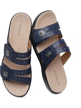 Women's Flat Sandals Dressy Summer Blue Open Toe Walking Sandal Arch Support